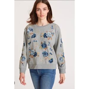 DRIFTWOOD Gray Sweater Blue Rose Floral Embroidered Sweatshirt S Long Sleeve